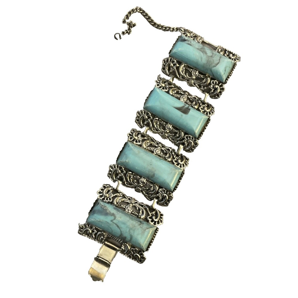 Vintage‎  MCM Silvertone Faux turquoise Wide panel bracelet Clasp